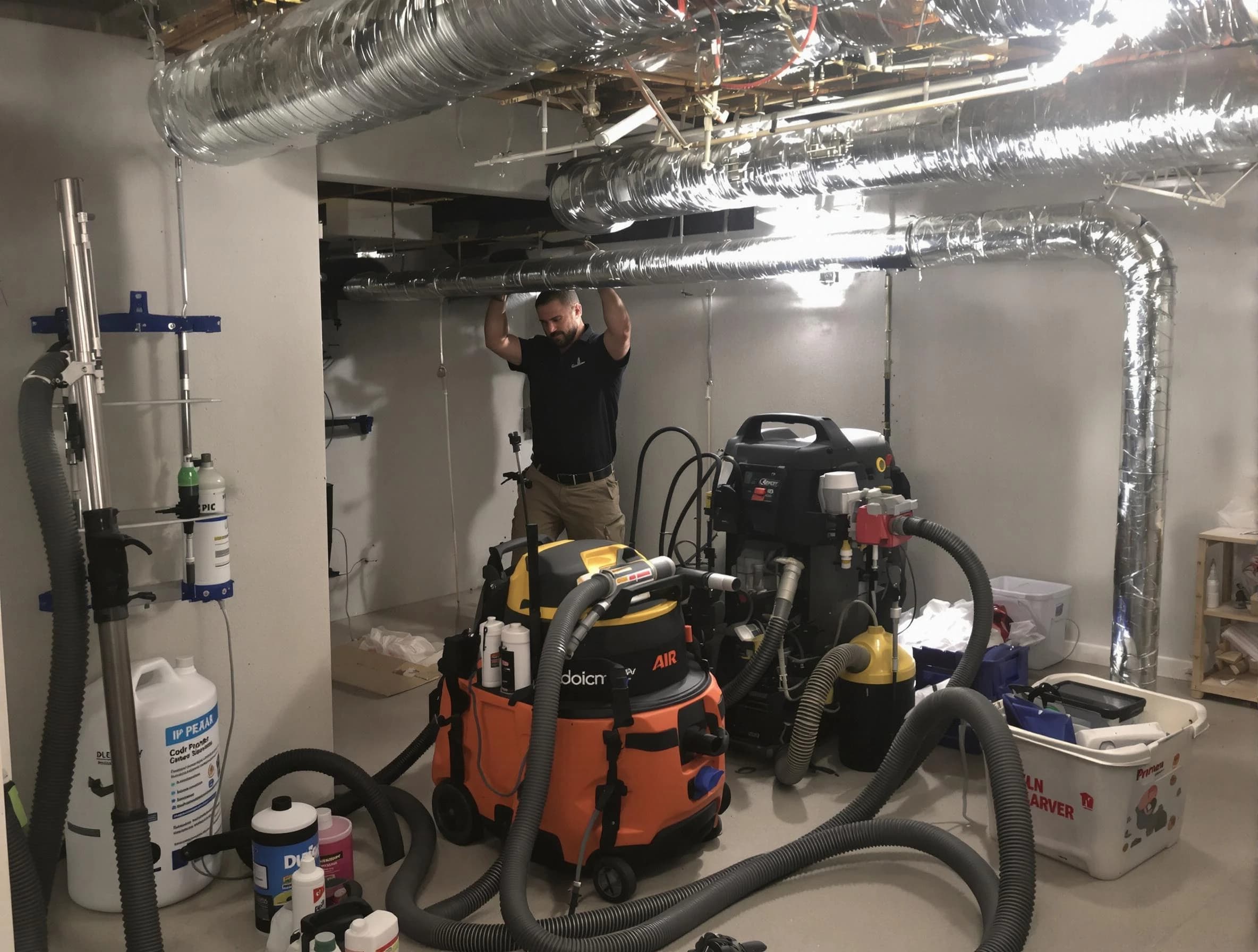 Longmont Air Duct Cleaning specialist performing professional mold removal from air ducts using safety equipment in Longmont